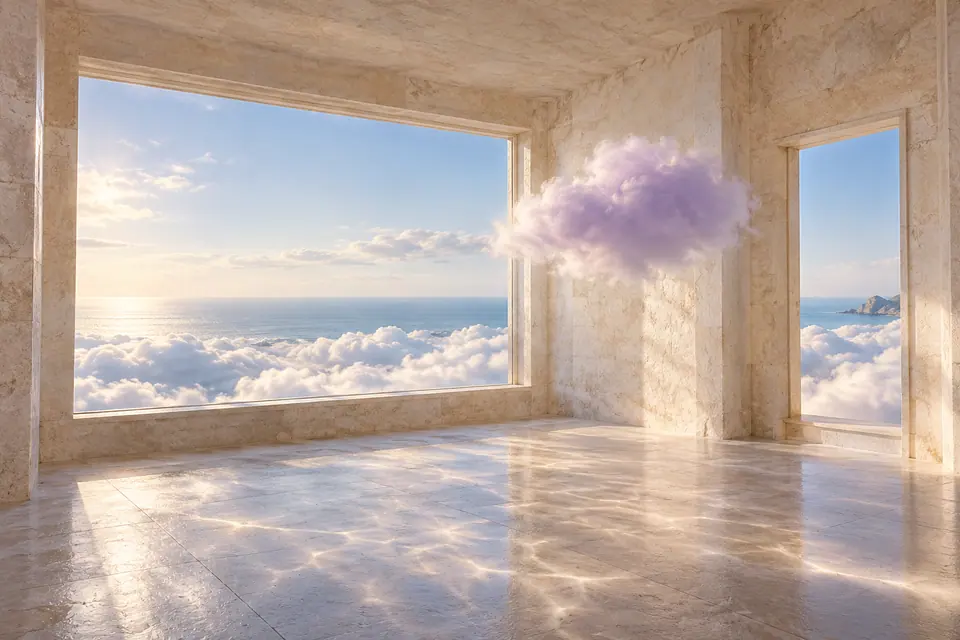 A sunlit room opens onto an ocean of clouds, with a small lavender cloud floating inside.